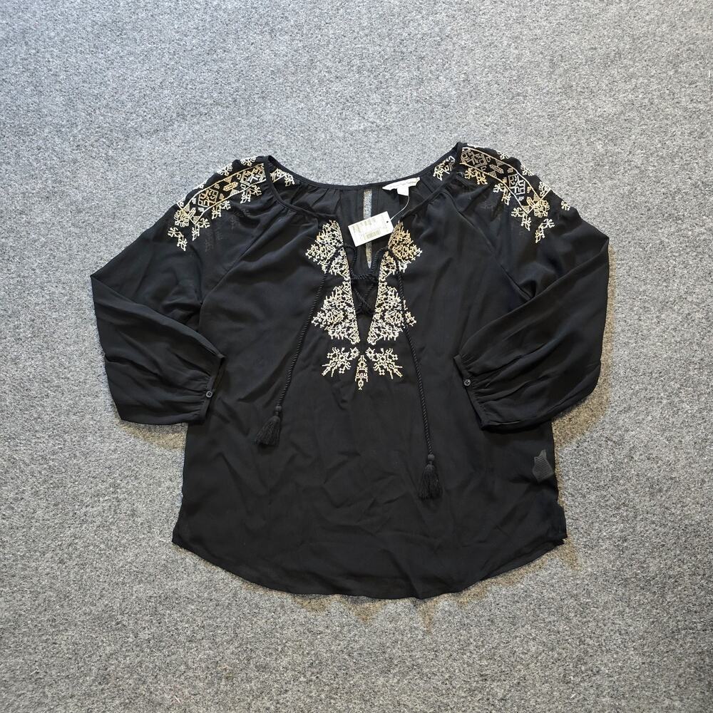 American Eagle Top Womens Size Small Black Sheer Embroidery Boho Peasant Casual